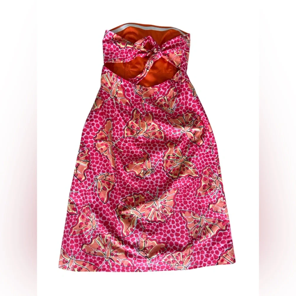 Lilly Pulitzer Strapless Pink and Orange Butterfly Tie Back Dress Size 6 - Picture 4 of 6